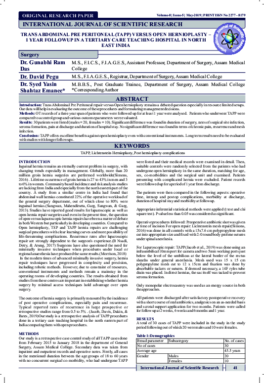 (PDF) Trans Abdominal Pre Peritoneal (TAPP) versus open hernioplasty ...