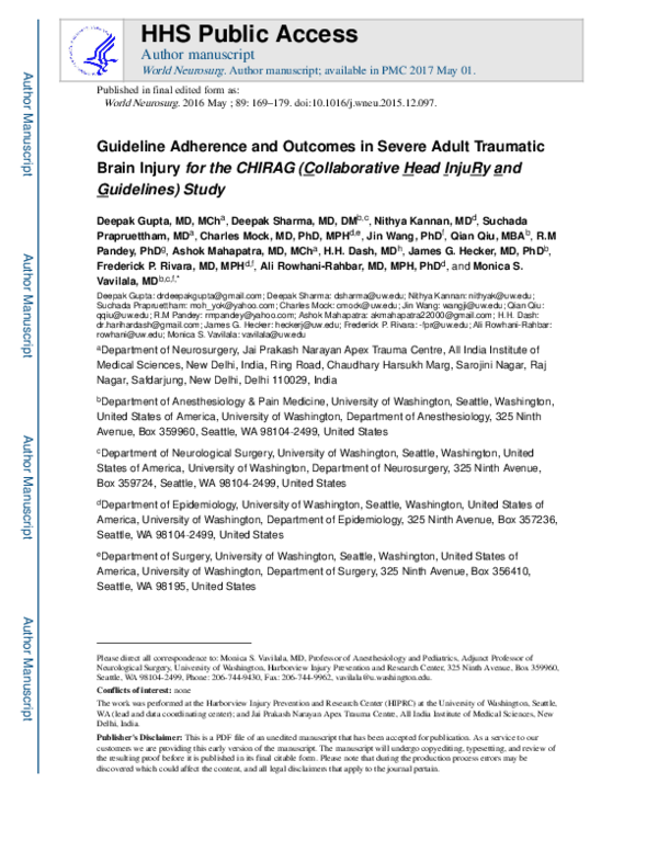 (PDF) Guideline Adherence and Outcomes in Severe Adult Traumatic Brain ...