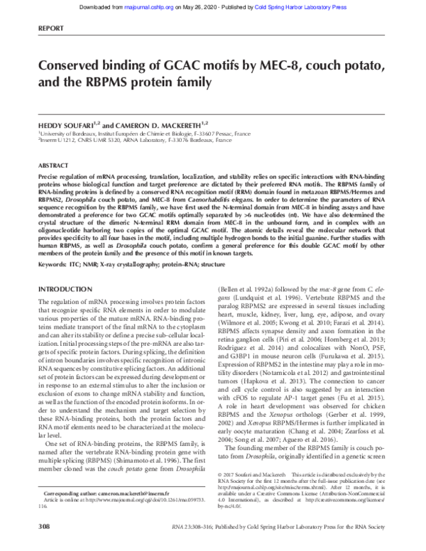 (PDF) Conserved binding of GCAC motifs by MEC-8, couch potato, and the ...
