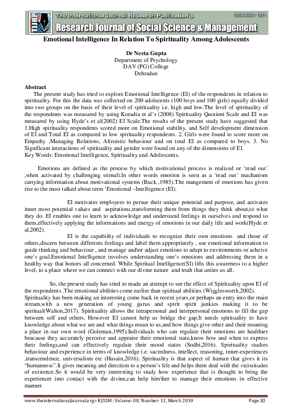 (PDF) Emotional Intelligence in relation to Spirituality among ...