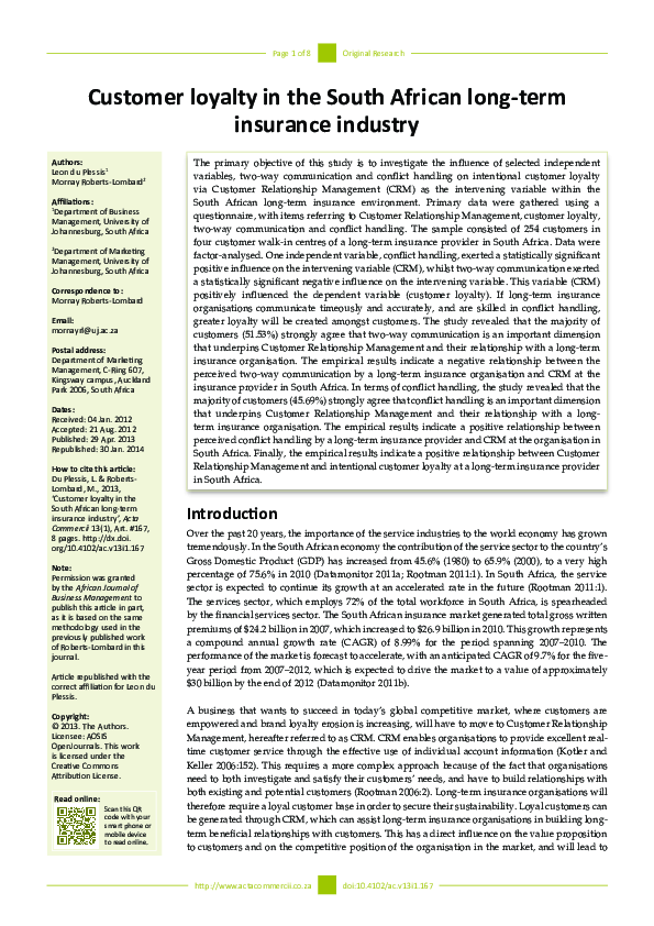 (PDF) Customer loyalty in the South African long-term insurance industry