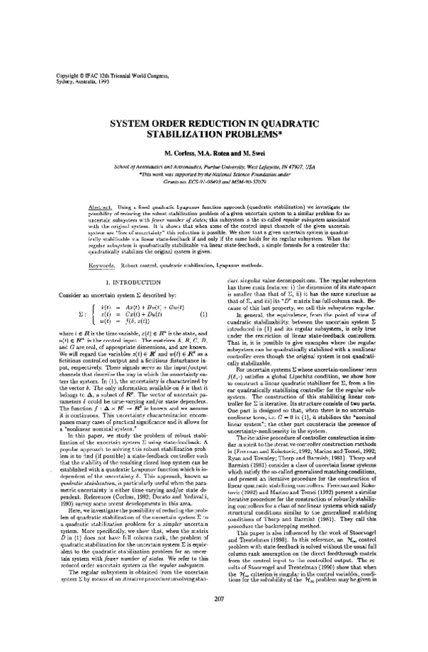 (PDF) System Order Reduction in Quadratic Stabilization Problems