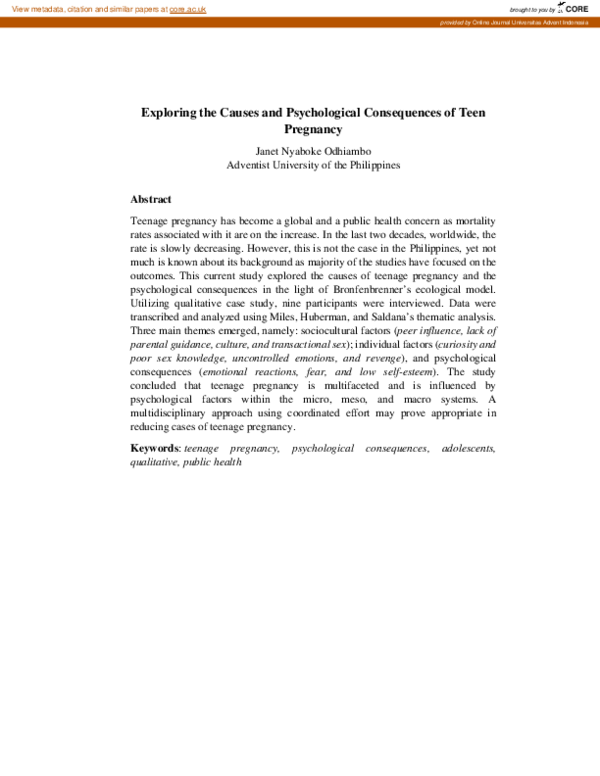 (PDF) Exploring the Causes and Psychological Consequences of Teen Pregnancy