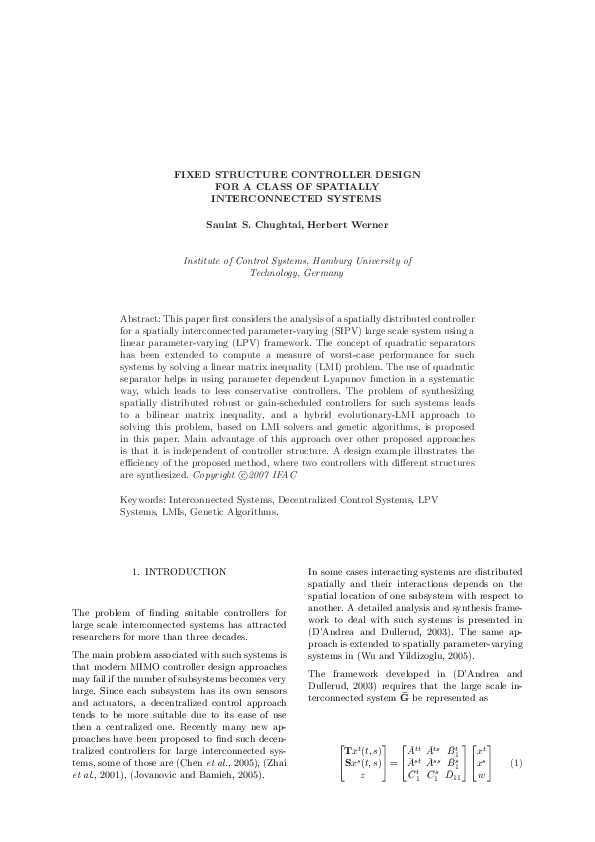 (PDF) Fixed structure controller design for a class of spatially ...