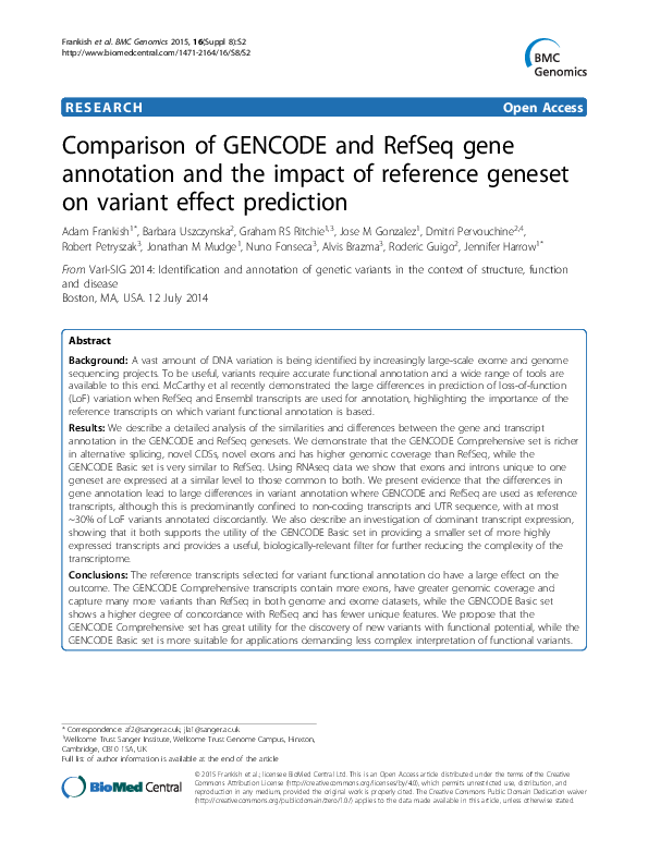 (PDF) Comparison of GENCODE and RefSeq gene annotation and the impact ...