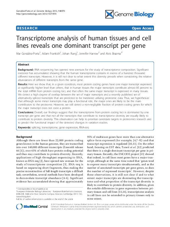 (PDF) Transcriptome analysis of human tissues and cell lines reveals ...