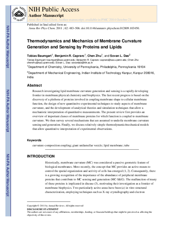 (PDF) Thermodynamics and Mechanics of Membrane Curvature Generation and ...