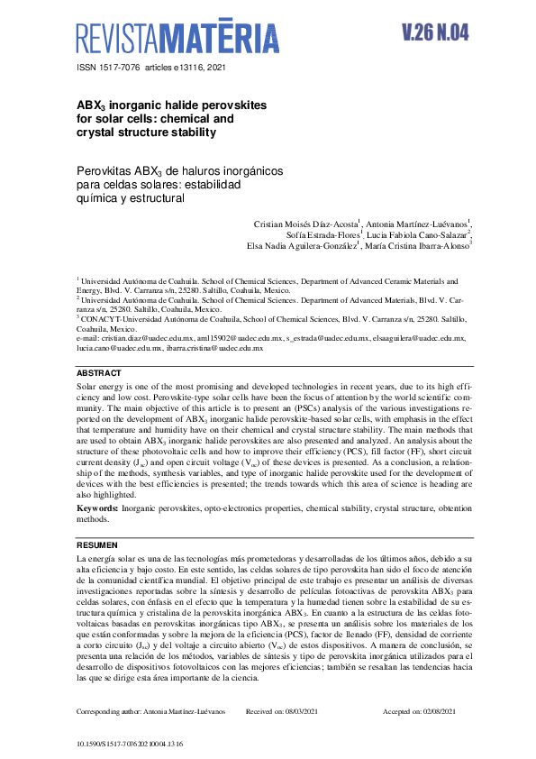 (PDF) ABX3 inorganic halide perovskites for solar cells: chemical and ...