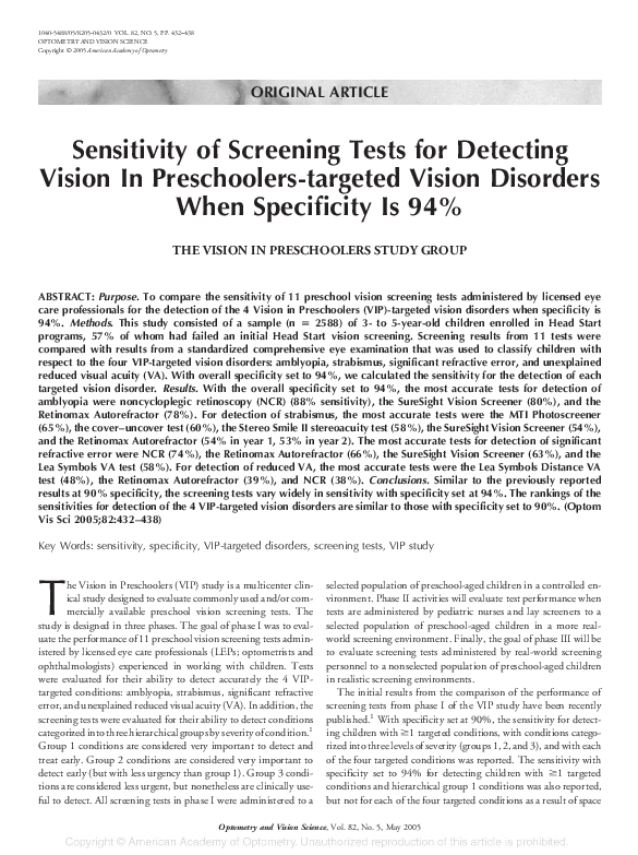 (PDF) Sensitivity of Screening Tests for Detecting Vision In ...