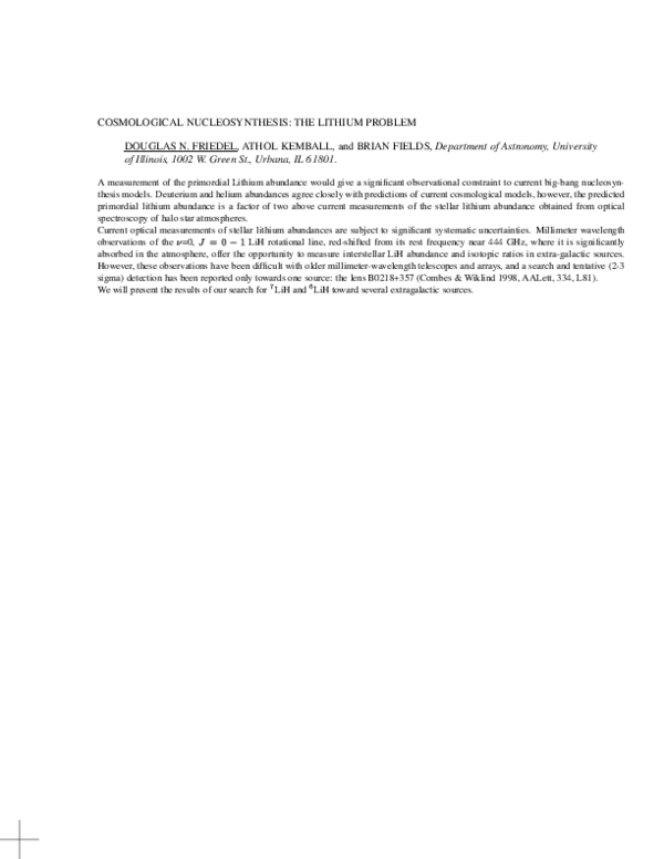 (PDF) Cosmological Nucleosynthesis: the Lithium Problem