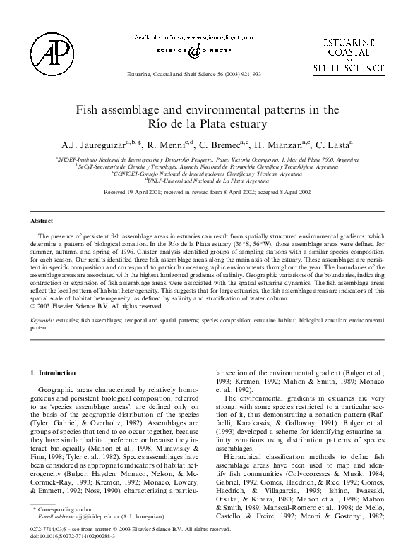 (PDF) Fish assemblage and environmental patterns in the Rı́o de la ...
