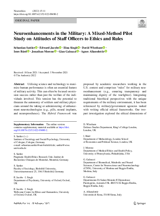 (PDF) Neuroenhancements in the Military: A Mixed-Method Pilot Study on ...