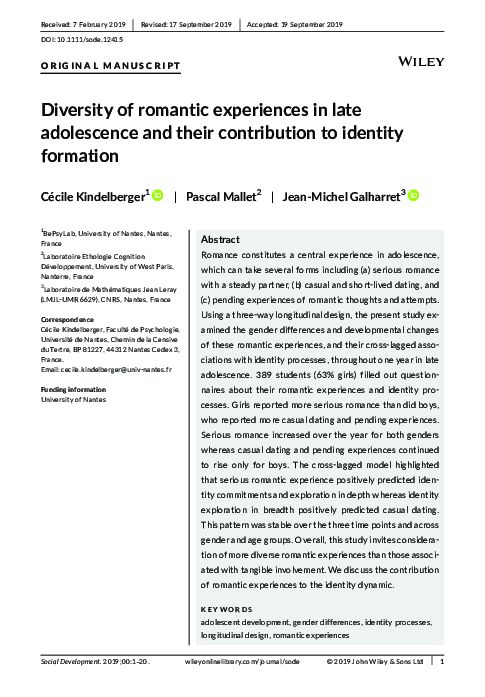 (PDF) Diversity of romantic experiences in late adolescence and their ...