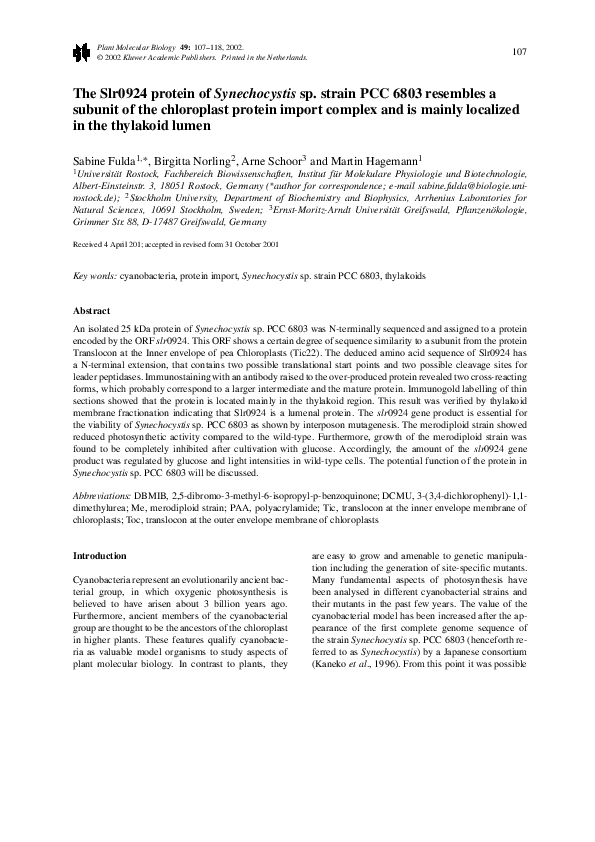 (PDF) The Slr0924 protein of Synechocystis sp. strain PCC 6803 ...