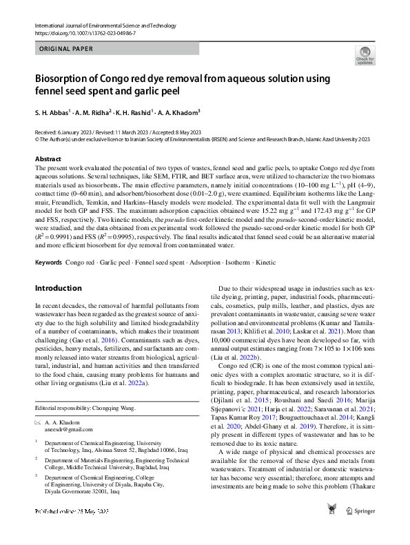(PDF) Biosorption of Congo red dye removal from aqueous solution using ...