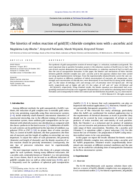 (PDF) The kinetics of redox reaction of gold(III) chloride complex ions ...