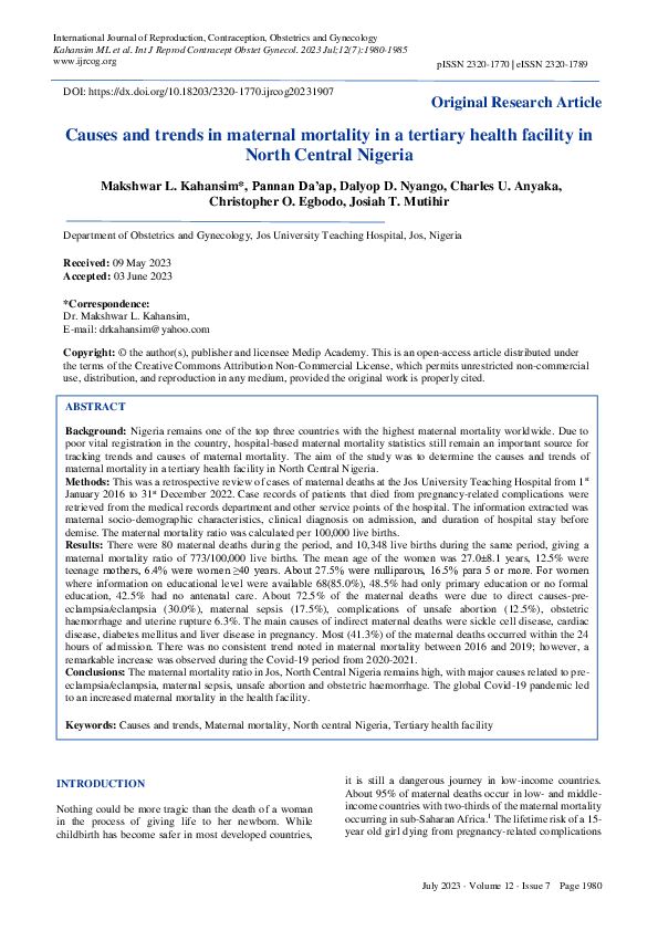 (PDF) Causes and trends in maternal mortality in a tertiary health ...
