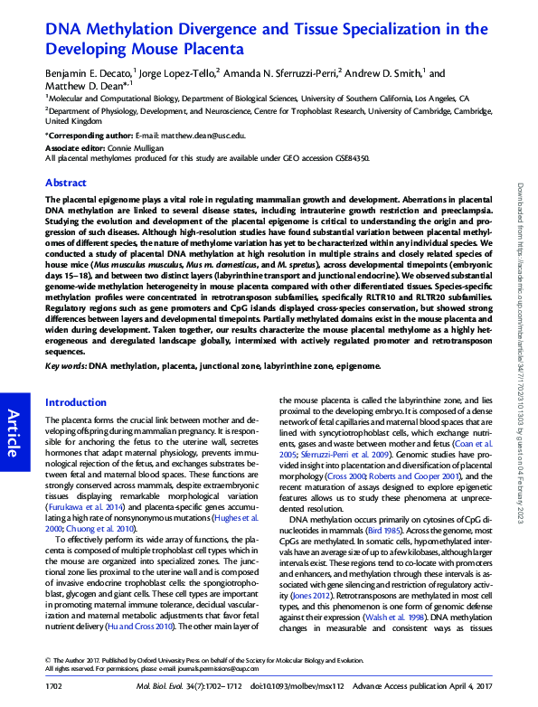 (PDF) DNA methylation divergence and tissue specialization in the ...