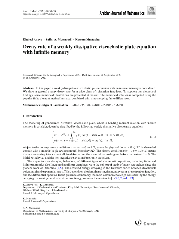 (PDF) Decay rate of a weakly dissipative viscoelastic plate equation ...