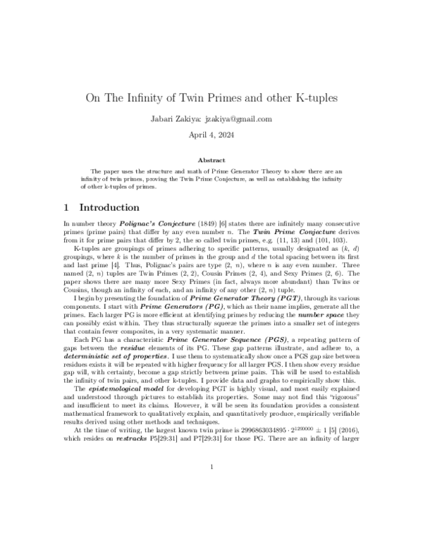 First page of “On The Infinity of Twin Primes and other K-tuples”