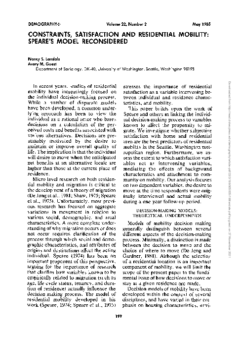 (PDF) Constraints, Satisfaction and Residential Mobility: Speare’s ...