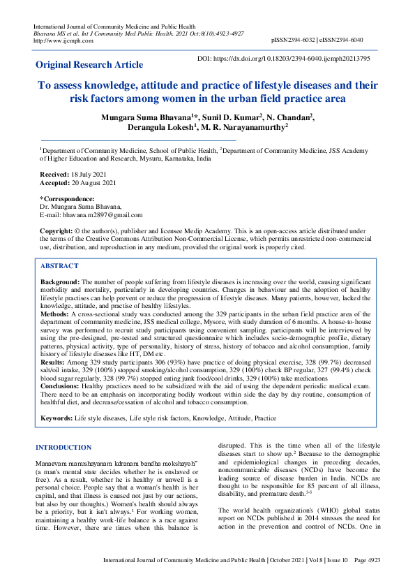 (PDF) To assess knowledge, attitude and practice of lifestyle diseases ...