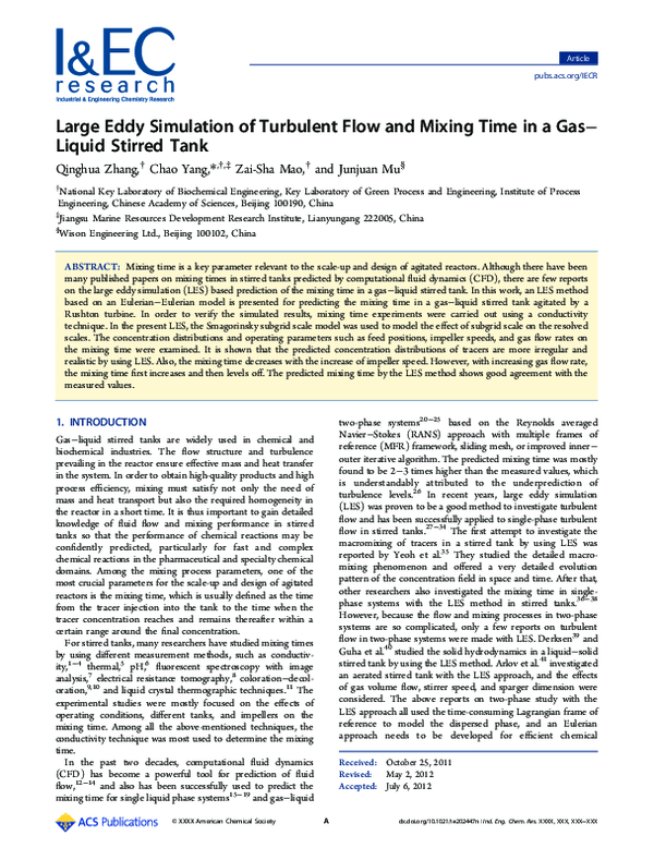 (PDF) Large Eddy Simulation of Turbulent Flow and Mixing Time in a Gas ...