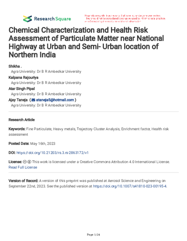 (PDF) Chemical Characterization and Health Risk Assessment of ...