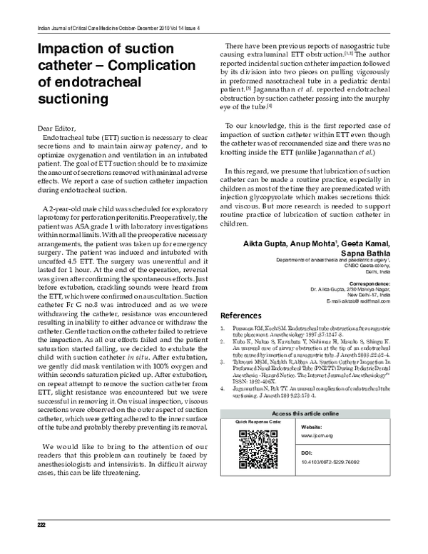Picture of (PDF) Impaction of suction catheter - Complication of endotracheal ...