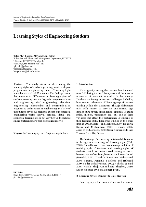 (PDF) Learning Styles of Engineering Students