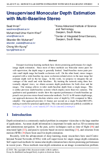 (PDF) Unsupervised Monocular Depth Estimation with Multi-Baseline Stereo