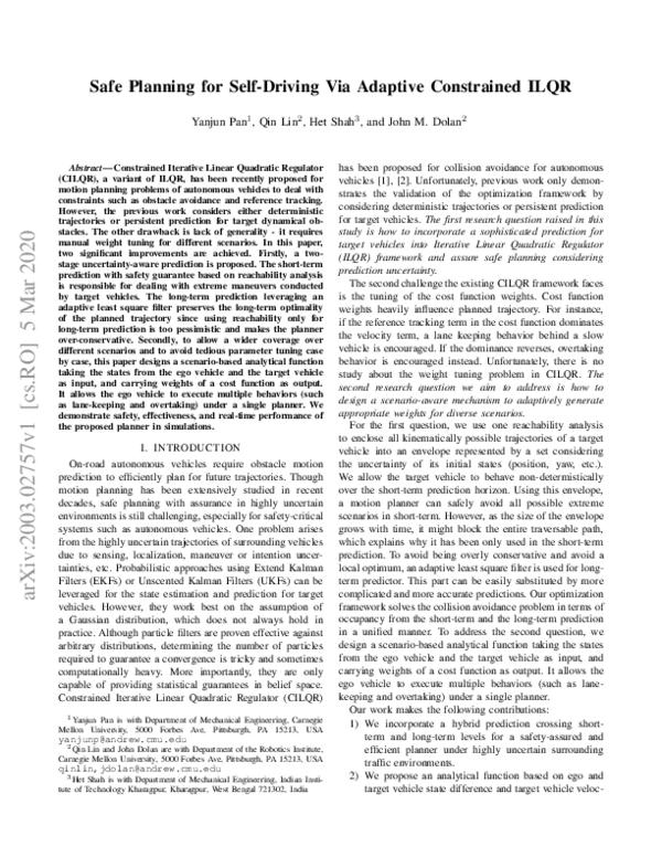 (PDF) Safe Planning for Self-Driving Via Adaptive Constrained ILQR