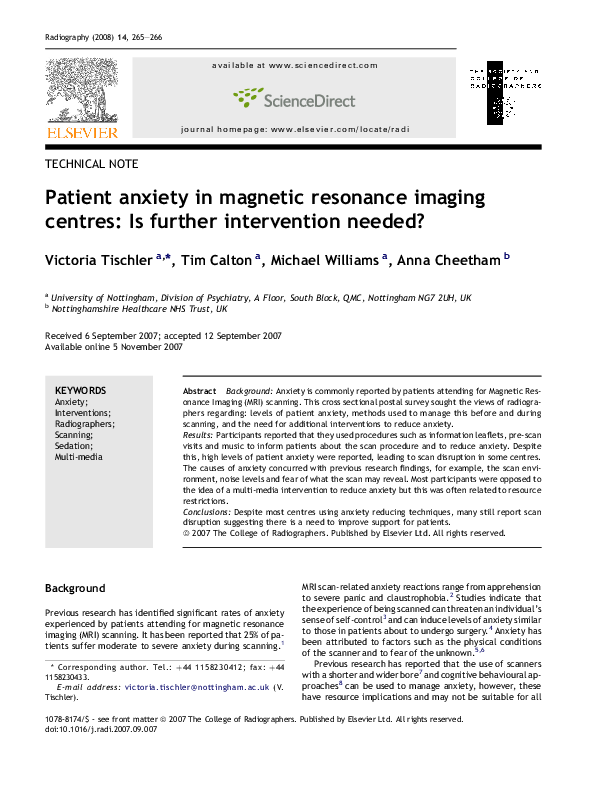 (PDF) Patient anxiety in magnetic resonance imaging centres: Is further ...