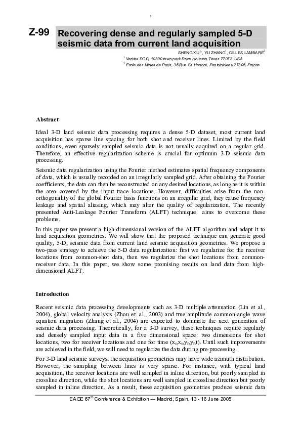 (PDF) Recovering Dense and Regularly Sampled 5-D Seismic Data from ...