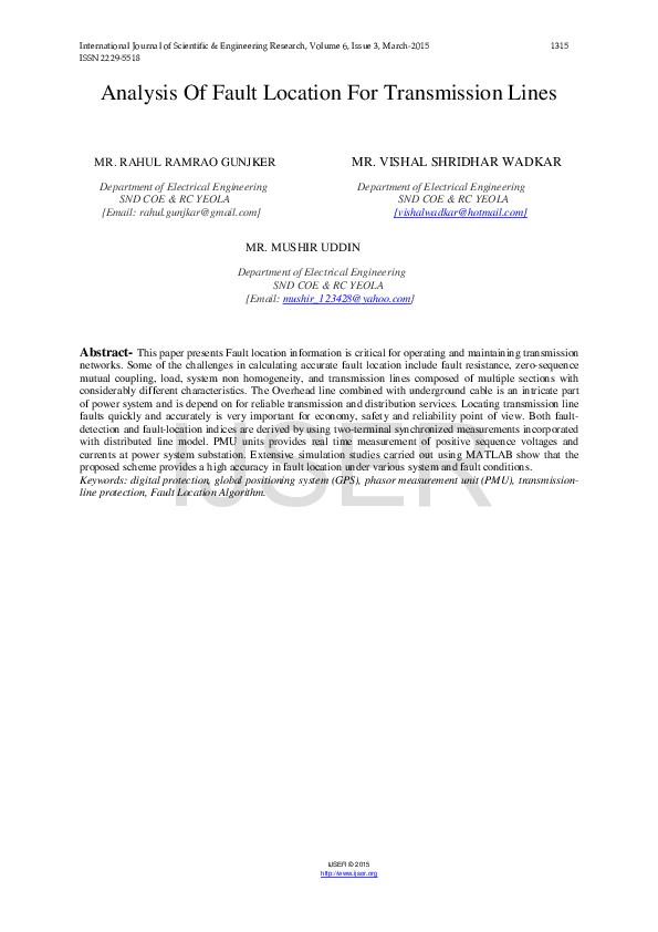 (PDF) Analysis Of Fault Location For Transmission Lines