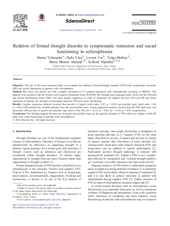 (PDF) Relation of formal thought disorder to symptomatic remission and ...