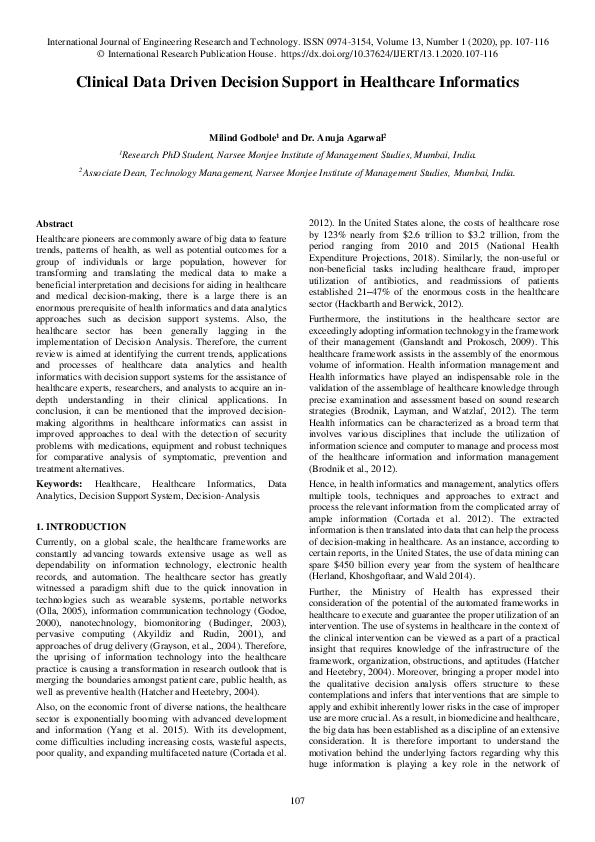 (PDF) Clinical Data Driven Decision Support in Healthcare Informatics