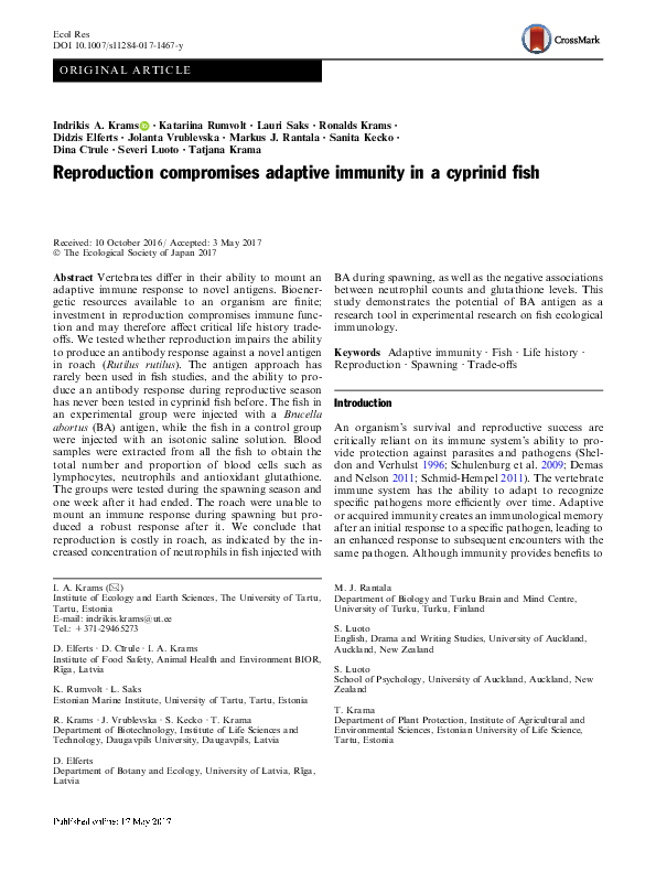 (PDF) Reproduction compromises adaptive immunity in a cyprinid fish