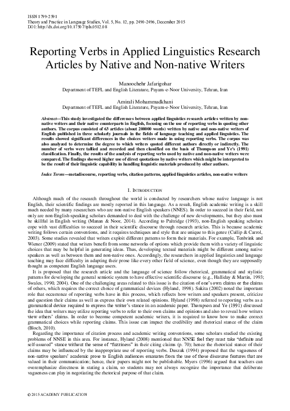 (PDF) Reporting Verbs in Applied Linguistics Research Articles by ...