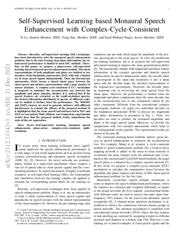 (PDF) Self-Supervised Learning based Monaural Speech Enhancement with ...