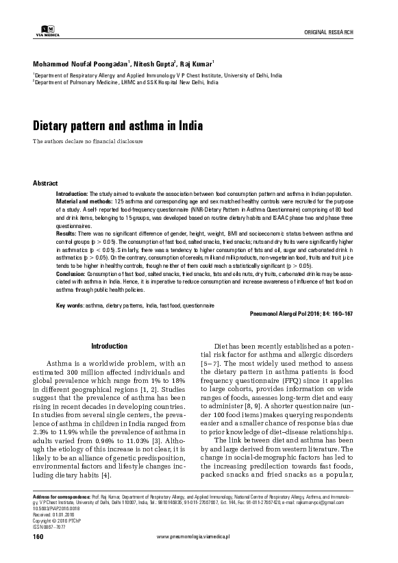 (PDF) Dietary pattern and asthma in India