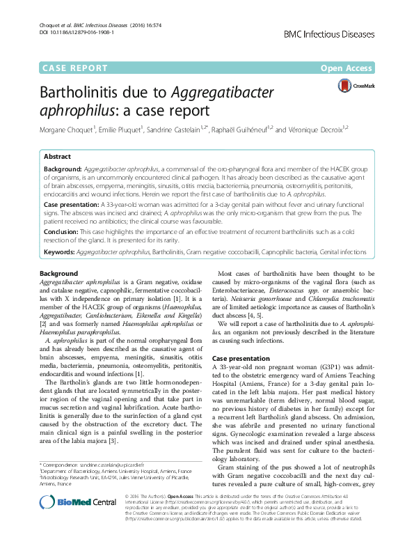 (PDF) Bartholinitis due to Aggregatibacter aphrophilus: a case report