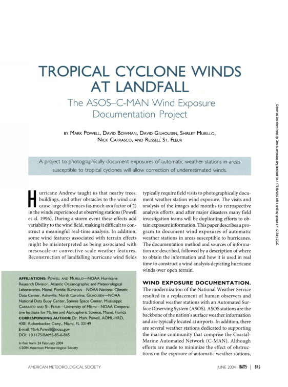 Wind Exposure Analysis For Rural Areas Reference: Pdf Tropical Cyclone Winds At Landfall The Asos C Man