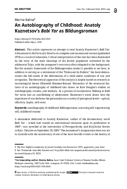 (PDF) An Autobiography of Childhood: Anatoly Kuznetsov’s Babi Yar as ...