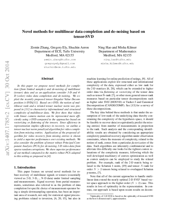 (PDF) Novel methods for multilinear data completion and de-noising ...
