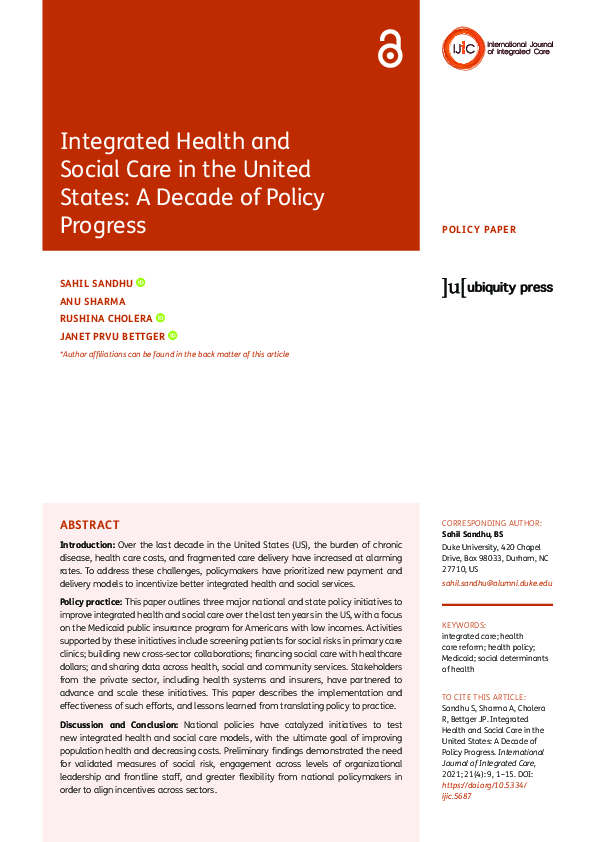 (PDF) Integrated Health and Social Care in the United States: A Decade ...