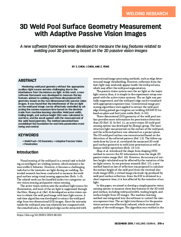 (PDF) 3D Weld Pool Surface Geometry Measurement with Adaptive Passive ...