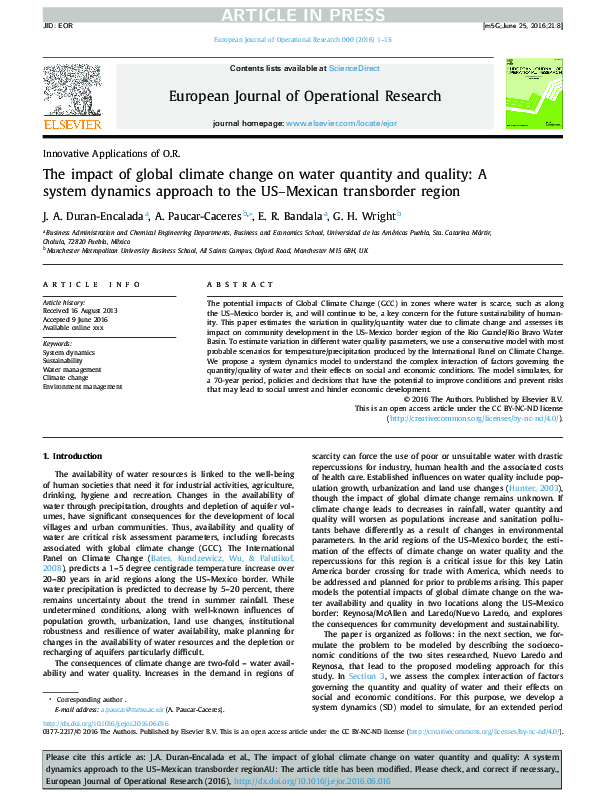 (PDF) The impact of global climate change on water quantity and quality ...