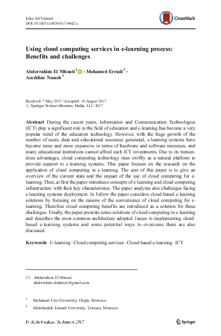 (PDF) Using cloud computing services in e-learning process: Benefits ...