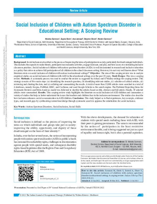 (PDF) Social Inclusion of Children with Autism Spectrum Disorder in ...